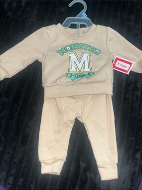 Kidgets Tan Two-Piece 'Monster M' Sweatshirt & Joggers with Green Accent